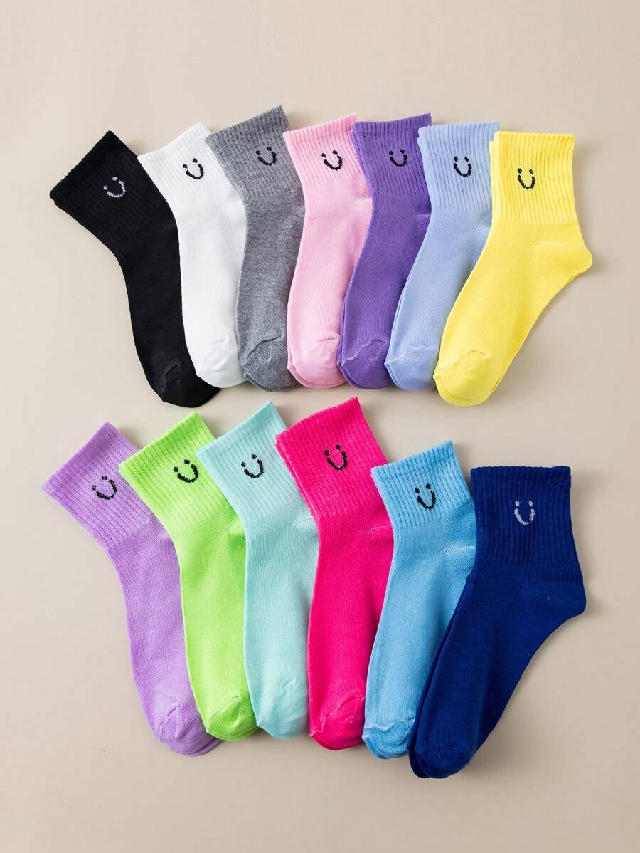 13 Pairs Comfortable Candy Color Smiling Face Mid-Calf Socks For Women, Versatile - Multicolor - View 1