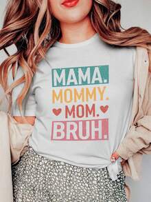 心形与标语印花时尚女士休闲牛奶丝短袖上衣夏季 - 白色 - 查看 1