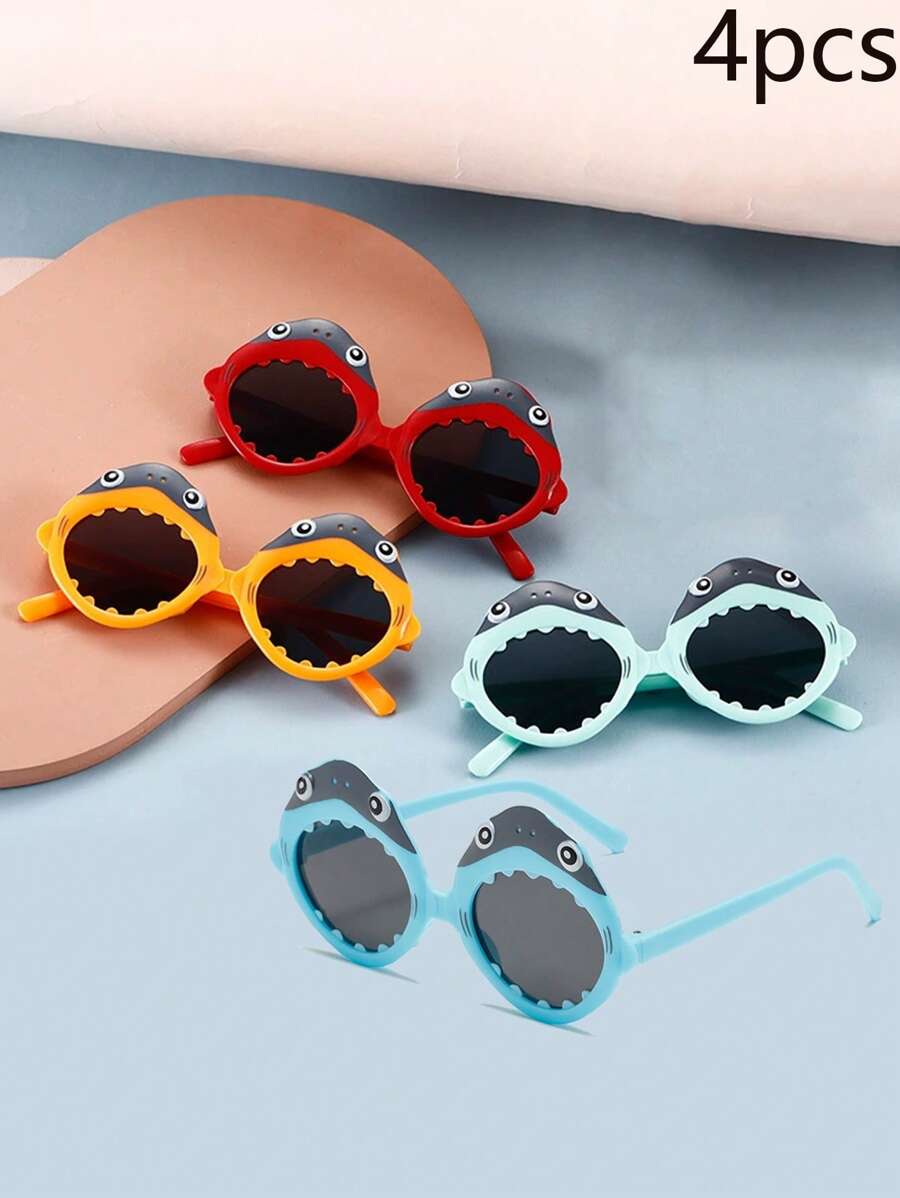 4pcs/Set Kids & Adults Cartoon Shark Glasses - Suitable For Babies, Beach, Outdoor & Travel Wear