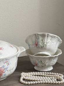 1pc French Retro Blue Rose Embossed Ceramic Cup, Saucer, Bowl, Serving Dish, Dinnerware, Dessert Plate
