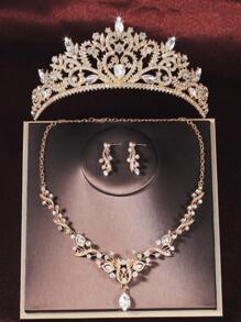 GoldenBrideWedding Accessories Crown With Necklace And Earrings 4-Piece Jewelry Set For Bridal Attire,Also Suitable For Wedding Parties And Gatherings - Gold - View 1