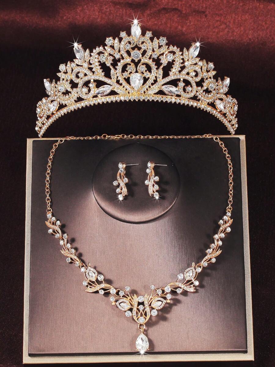 GoldenBrideWedding Accessories Crown With Necklace And Earrings 4-Piece Jewelry Set For Bridal Attire,Also Suitable For Wedding Parties And Gatherings - Gold - View 1