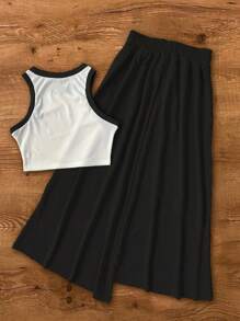 UREREM 两件套女士撞色罗纹休闲简约吊带背心和不对称抽绳腰带长裙套装，针织面料 120克 夏季 - 黑與白 - 查看 3