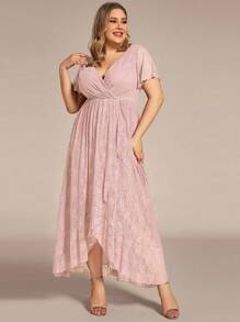 Plus Size V Neck Short Sleeves Pleated High Low Mother Of Bride Lace Dresses - Baby Pink - View 3