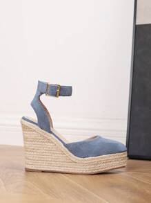 Sandale espadrille țesute cu iarbă cu platformă în stil european și american, sandale de vară la modă cu bretele peep-toe pentru femei - Albastru - Vizualizare 4