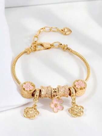 DIY 5-Petal Flower Bracelet, Handmade Jewelry Bracelet For Women, Unique Design, Pink Color