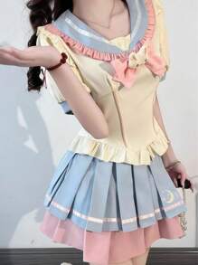 1pc Sweet Cute Girly JK School Uniform Set, Navy Collar Bow Decor Top And Pleated Contrast Color Skirt, Suitable For Photoshoot, Cosplay Halloween
