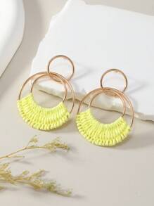 1 Pair Bohemian Style Resort Rattan Round Earrings In Ivory White, Fuchsia, And Orange, Hand-Woven, Fashionable For Women, Suitable For Daily Wear
