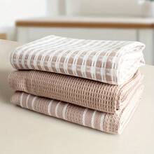 3pcs/Set Soft & Absorbent Kitchen Towels - Large, Durable Waffle Dish Cloths In Solid Green, Plaid & Striped Patterns For Easy Cleaning & Drying - For Cooking, Baking, And Tea Time 