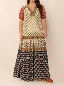 2025 Spring And Summer Multicolor Casual Elegant Floral Print V-Neck Short Sleeve Loose Plus Size Dress Beach Vacation Music Festival - Orange - View 6