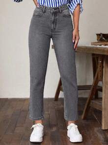 Pantalones largos de mezclilla de unicolor y ajuste delgado para damas, con elasticidad y ajuste delgado, pantalones de oficina para mujeres, pantalones casuales con botones y bolsillos para damas en otoño, para graduación, vacaciones, ajuste regular largo para mujeres, ropa de vuelta al colegio, uso diario casual, pantalones lindos para mujeres - Gris - Ver 5