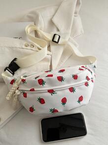 Nylon Crossbody Bag, Solid Color Shoulder Bag, Women's Casual Sling Purse For Outdoor Sports, Strawberry Pattern - White - View 7