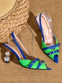 金属点缀封闭式鞋头高跟凉鞋，女士优雅交叉露跟高跟鞋，拼色法式鞋 - 藍綠色 - 查看 5