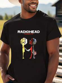 Men's 200g Cotton Shirt Designed In Mexico - Featuring "" Art Print And Sharing Hand Figure, Ideal For Music Lovers - 黑色 - 查看 1