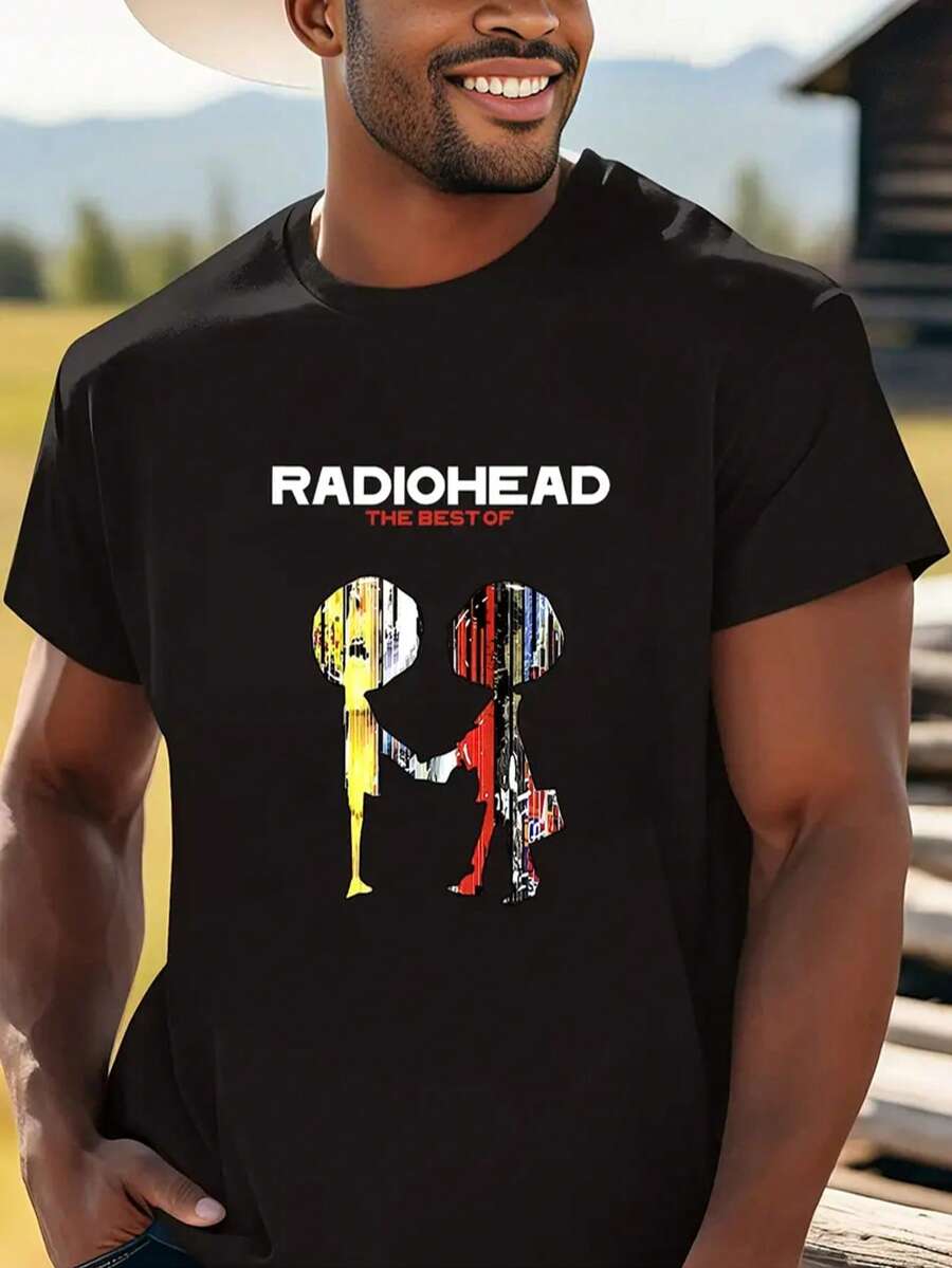 Men's 200g Cotton Shirt Designed In Mexico - Featuring "" Art Print And Sharing Hand Figure, Ideal For Music Lovers - 黑色 - 查看 1