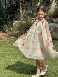 Vestido de princesa elegante con lazo y tul para niña, adecuado para niña de las flores, cumpleaños, fiesta, casual, actuación en el escenario, celebración festiva - Albaricoque - Ver 2