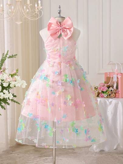 Girls 3D Embroidered Flower And Big Bow Sleeveless Chiffon Dress, Elegant Pink Princess Dress For Outdoor Wear