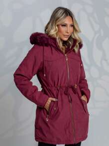 Women's Plus Size Lined Parka Jacket - 酒紅色 - 查看 2