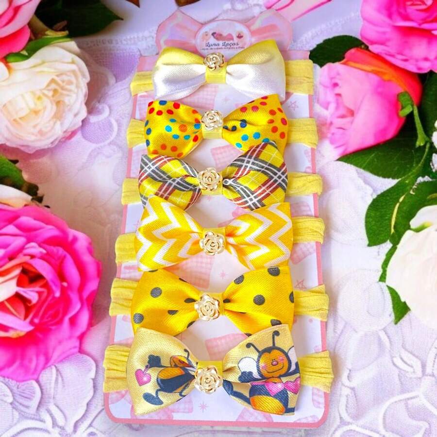 Kit 6 Mini laços de bebê Cetim laços de cabelo infantil Faixinha Tiarinha Rn Amarelo