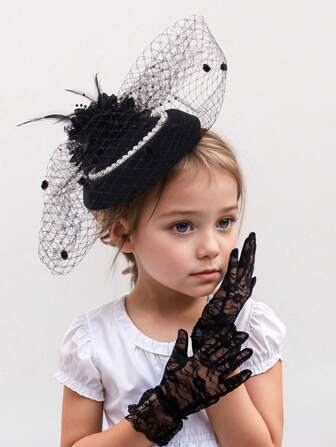 1 Set Kids Party Dress With Pearl Mini Hat And Lace Gloves Combo, Suitable For Events, Parties And Photo Shoots
