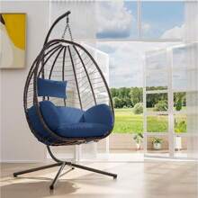 Egg Swing Chair Outdoor Indoor Wicker Rattan Hanging Chair With Stand 350lbs Capacity W/Strong Frame & Cushions For Patio Balcony Bedroom