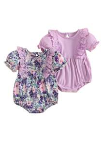2Pcs Baby Girls Rompers Floral Print Lace Ruffles Round Neck Short Sleeve Infant Bodysuits Jumpsuits - Purple - View 1