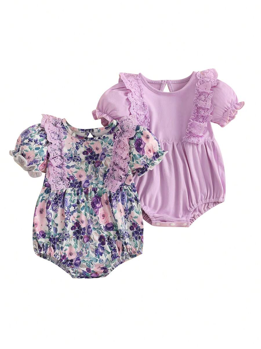 2Pcs Baby Girls Rompers Floral Print Lace Ruffles Round Neck Short Sleeve Infant Bodysuits Jumpsuits - Purple - View 1