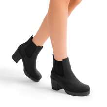 Women's Chunky High Heel Chelsea Ankle Ladies Boots Stylish Suede Fashion Shoes - Black-pU - View 5