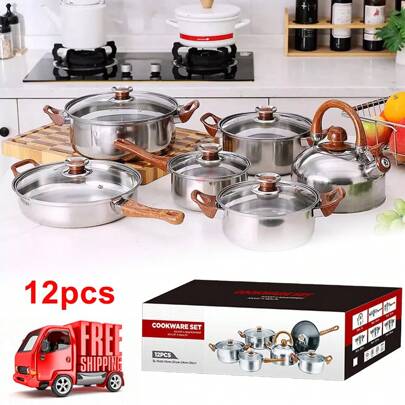 12pcs Stainless Steel Cookware Saucepan, Casserole & Fry Pan Set With Glass Lid