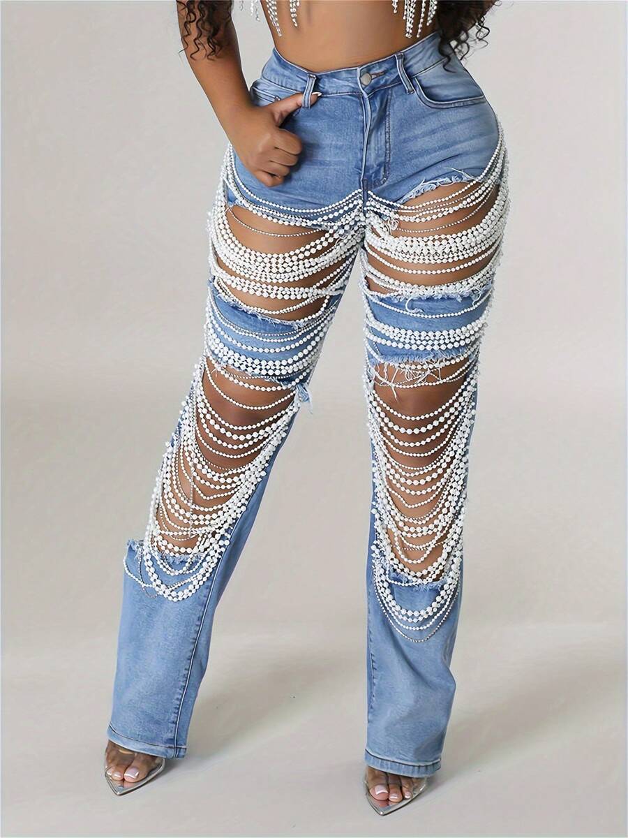 Women's Fashionable Straight Leg Large Hole Pearl Chain Decoration Mid Waist Jeans, Casual Street Pants - Màu xanh lam - Xem 1