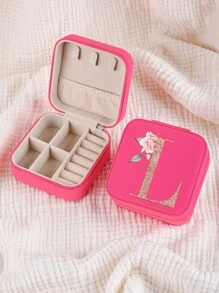 1pc Caixa de joias rosa com flores rosas, caixa de joias de viagem da moda com letras de ouro rosa, caixa de joias de viagem de presente personalizada, presentes de aniversário para mulheres, presentes de Natal para meninas adolescentes, iniciais, caixa de joias de viagem A-Z