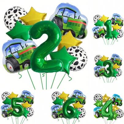 11pcs Farm Truck Green Number Balloon Set, Includes Green & Gold Star Balloons, 32-Inch Green Numbers 1, 2, 3, 4, 5, 6 Available, Suitable For Birthday Party Decoration