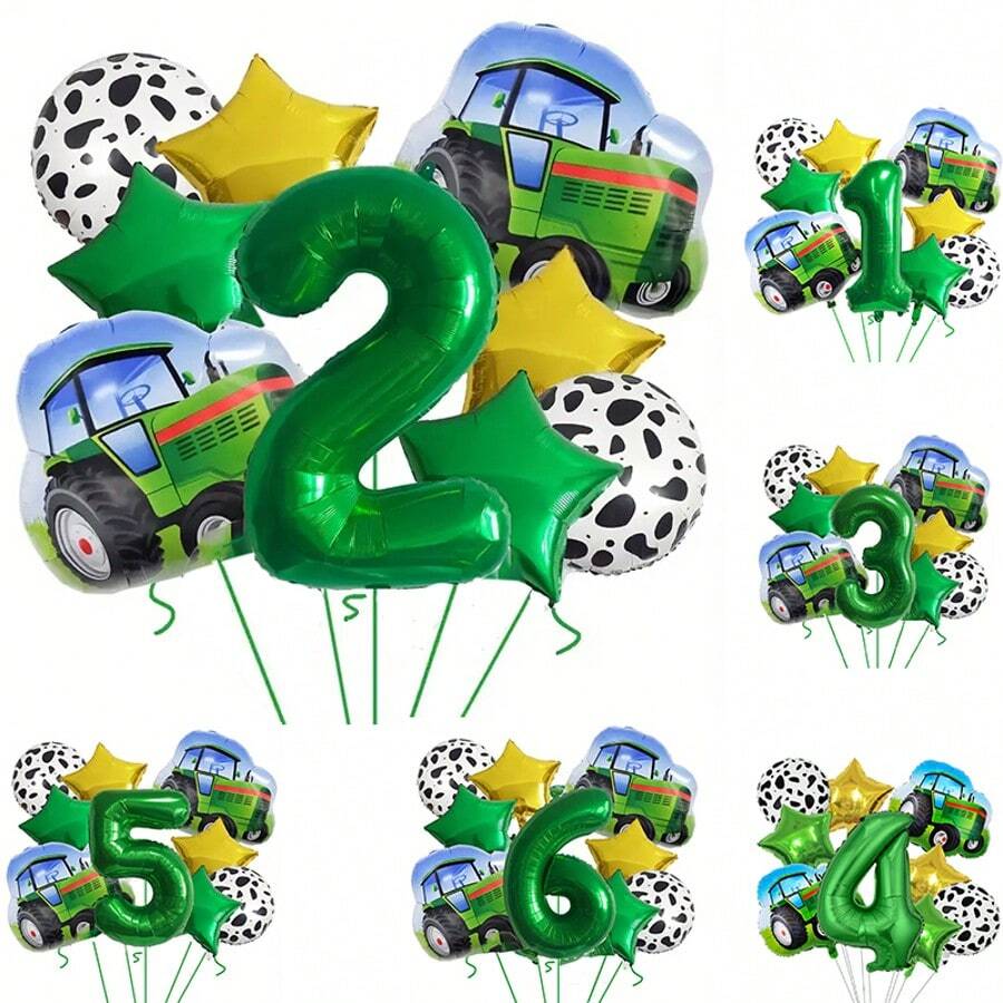 11pcs Farm Truck Green Number Balloon Set, Includes Green & Gold Star Balloons, 32-Inch Green Numbers 1, 2, 3, 4, 5, 6 Available, Suitable For Birthday Party Decoration - Green - View 1