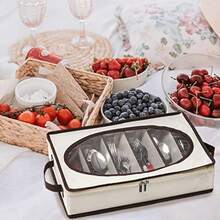 Hiceeden Silverware Organizer With Zipper Lid 16.5"*10.6"*3.5" Flatware Storage Box With Adjustable Dividers And Handles Portable Cutlery Holder Utensil Case For Spoon Fork Knife 6 Compartment - Nude1 - View 6