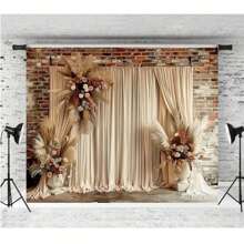 1pc Bohemian Style Wedding Photography Background Vintage Brick Wall Beige Floral Curtains Decor Wedding Studio Photography Background Decoration Banner Vinyl