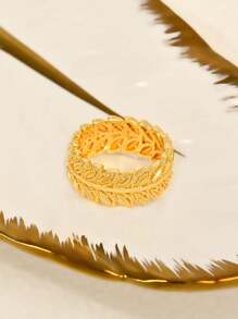 1 peça Anel com design de folha banhado a ouro 24K, estilo neutro e moderno, requintado e elegante, versátil para homens e mulheres, adequado para reuniões diárias, várias ocasiões para usar joias de alta qualidade, perfeito para presentes de Eid