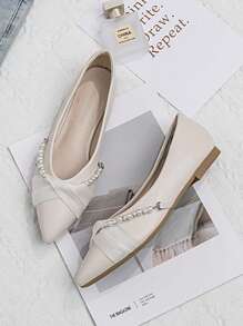 2025 Spring Fashion Pointed Toe Soft Bottom Low Heel Open Sides Women Mules, Comfortable Slip-On Flat Shoes With Pearl Decor, Versatile For Dresses, Indoor & Outdoor Wear All Season - Apricot - View 2