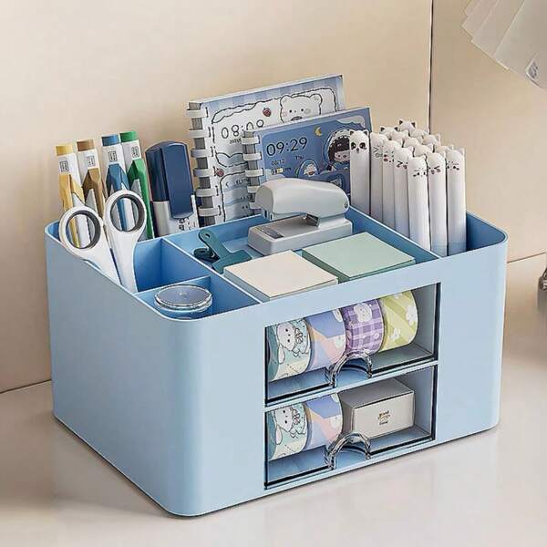 Caixa De Armazenamento Organizador de Mesa com 2 Gavetas Porta Treco Caneta Maquiagem Escritório Papelaria Estudantil
