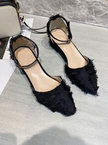 Pointed Toe Solid Color High Heel Girl's Sandals With Thick Heels, Buckle Strap, Mid Heel, Versatile Mary Jane Shoes For Spring/Summer - Black - View 6