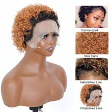 Pixie Cut Curly Human Hair Wigs Ginger 350 Short Curly Lace Front Human Hair Wigs For Women 6 Inch 13x1 Transparent Lace Frontal Wigs Water Wave Dark Rooted To Ginger Orange Color - 1B/30 - 查看 3