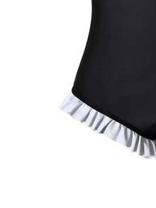 Bộ đồ bơi một mảnh màu đen cho bé gái tuổi teen có viền xếp nếp màu trắng, phù hợp cho tiệc bãi biển và hồ bơi - màu đen - Xem 2