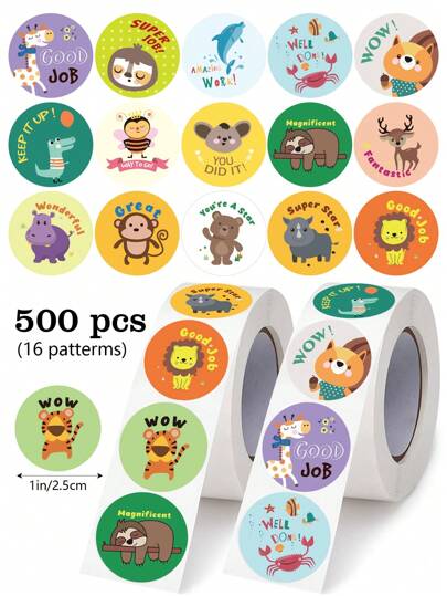 500pcs/Roll Cute Cartoon Animal & English Encouraging Stickers, Including Fox, Giraffe, Whale, Crab, Suitable For Kids Party Favors, Baby Shower, Kindergarten Teacher Reward Patterns, Waterproof Adhesive Seals,School Supplies,Back To School