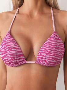 Sexy Deep V-Neck Tied Strap Striped Bikini Swimwear - Pink - View 1