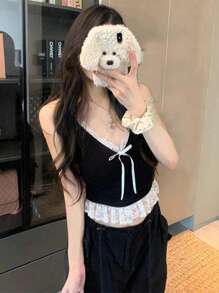 蕾丝拼布蝴蝶结吊带背心、修身分层或外套 - 黑色 - 查看 4