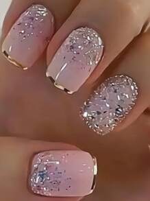 24 piezas de uñas postizas con efecto degradado de brillo - forma cuadrada de longitud media - acabado brillante de colores mixtos - Sistema de uñas postizas fácil de aplicar y quitar - estilo dulce, elegante y lujoso - pegatinas de uñas removibles para fiestas, festivales, uso diario - incluye gel jelly y lima de uñas