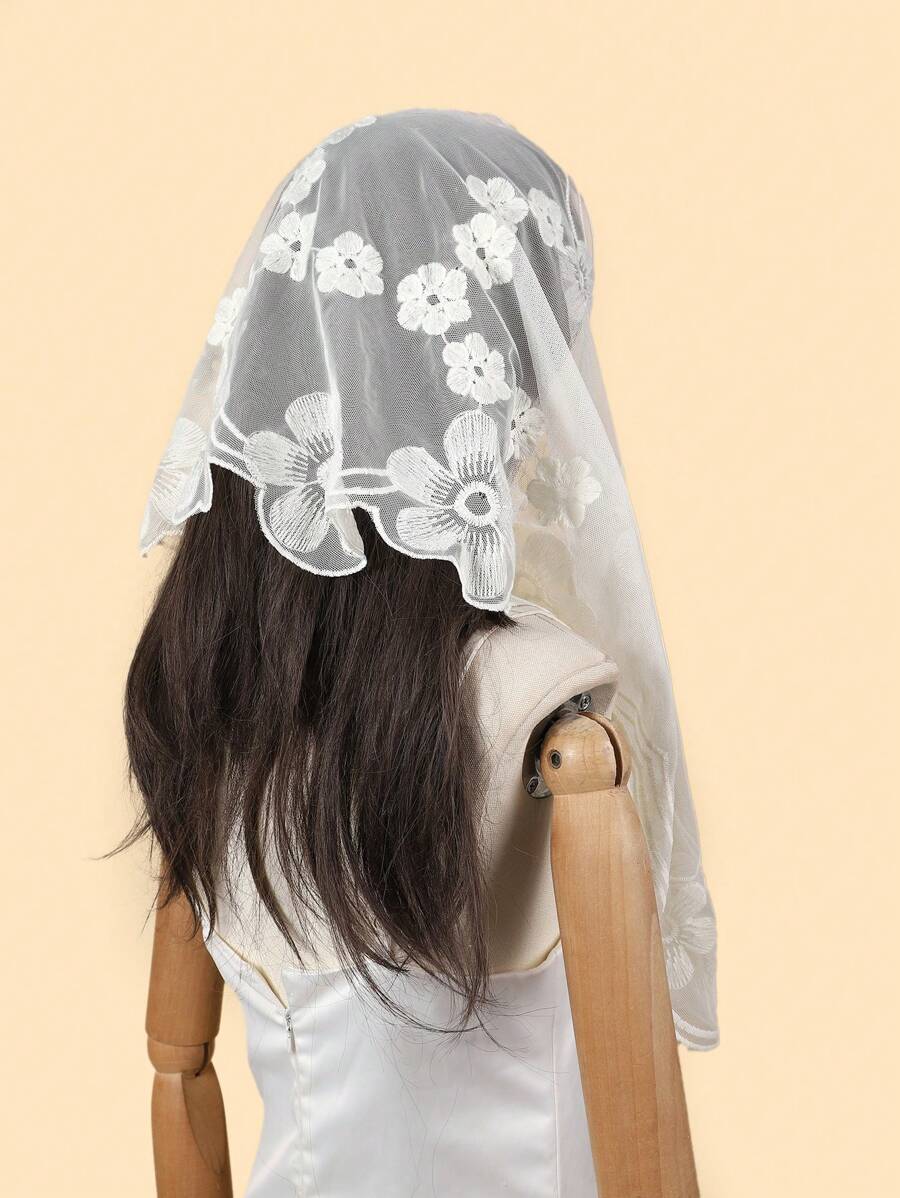 1pc Paisley Pattern Casual Polyester Embroidered Lace Mesh White Bride Veil, Suitable For All Seasons For Dress - Multicolor - View 1