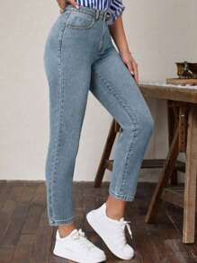 Pantalon long en jean slim unicolore pour femmes, élastique slim, pantalon de bureau pour femmes, pantalon décontracté avec boutons pour femmes en automne, avec poches, pour la remise des diplômes, les vacances, coupe régulière longue pour femmes, vêtements de rentrée scolaire, port quotidien décontracté, pantalon mignon pour femmes - Bleu azur - Voir 2