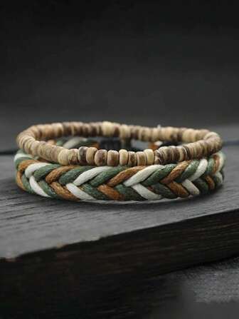 2Pcs/Set Vintage Natural Wood Beads Stacked Woven Hand Rope Bracelet Set Men Bohemian Couple Beaded Bracelet﻿﻿ ﻿