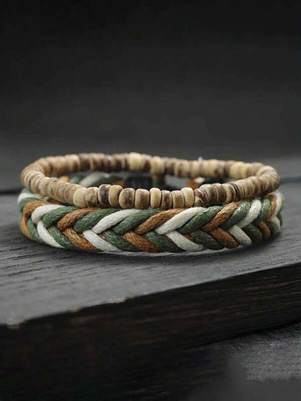 2Pcs/Set Vintage Natural Wood Beads Stacked Woven Hand Rope Bracelet Set Men Bohemian Couple Beaded Bracelet﻿﻿ ﻿