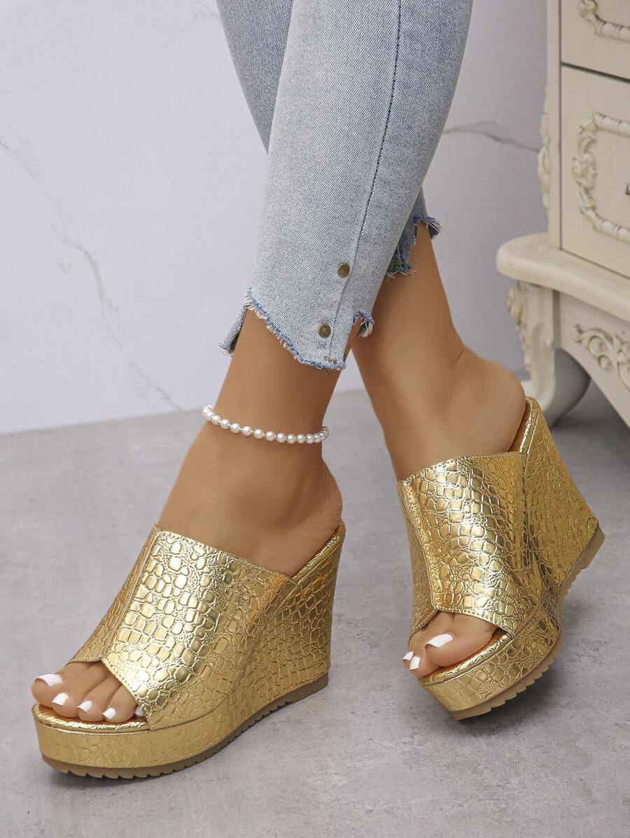 1 Pair Women's New Style Platform Wedge Slip-On Open Toe Sandals, Sexy Metal Color Stone Texture Leather Upper, Lightweight Anti-Slip Fashion Versatile,Spring Summer Outfits - Gold - View 1